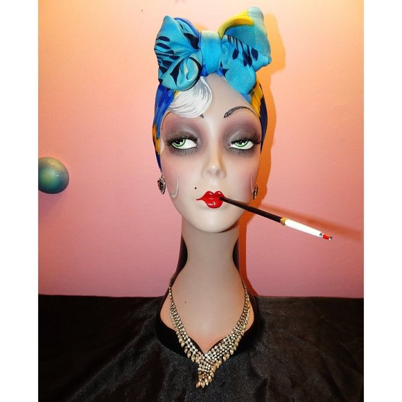 Vintage Blue & Yellow Long Floral Scarf made in Italy boho head wrap neck scarve - Picture 5 of 14